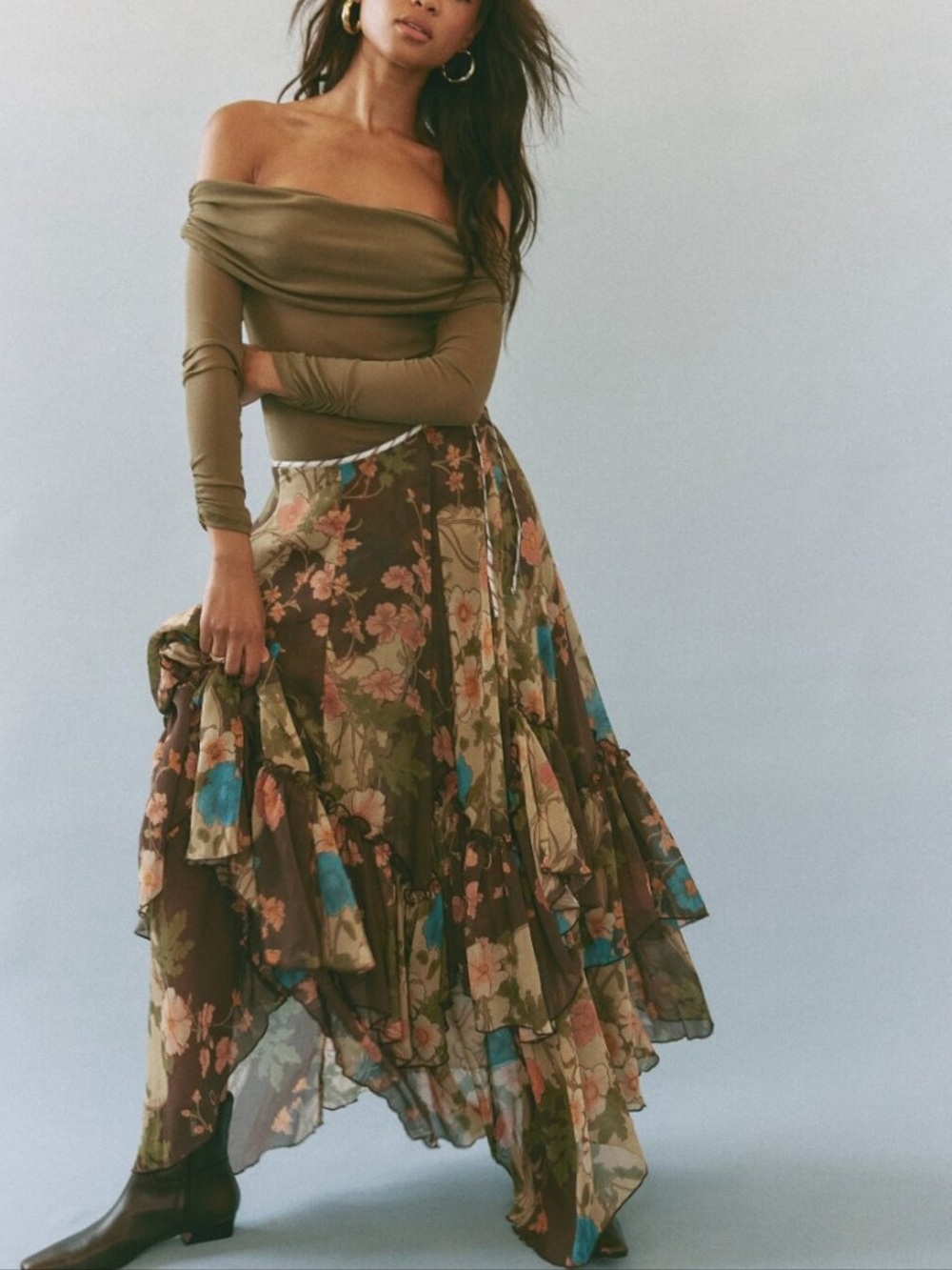 Free People Palermo Villa Chiffon Maxi Skirt in Chocolate Combo 4 - Picture 9 of 9